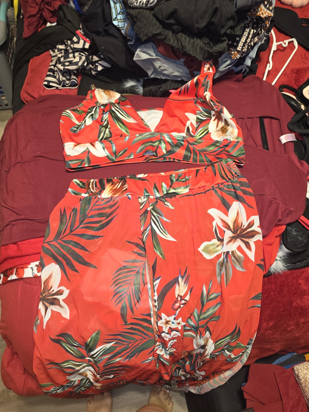 Tropical Floral Red Two-Piece Crop Top and Skirt Set